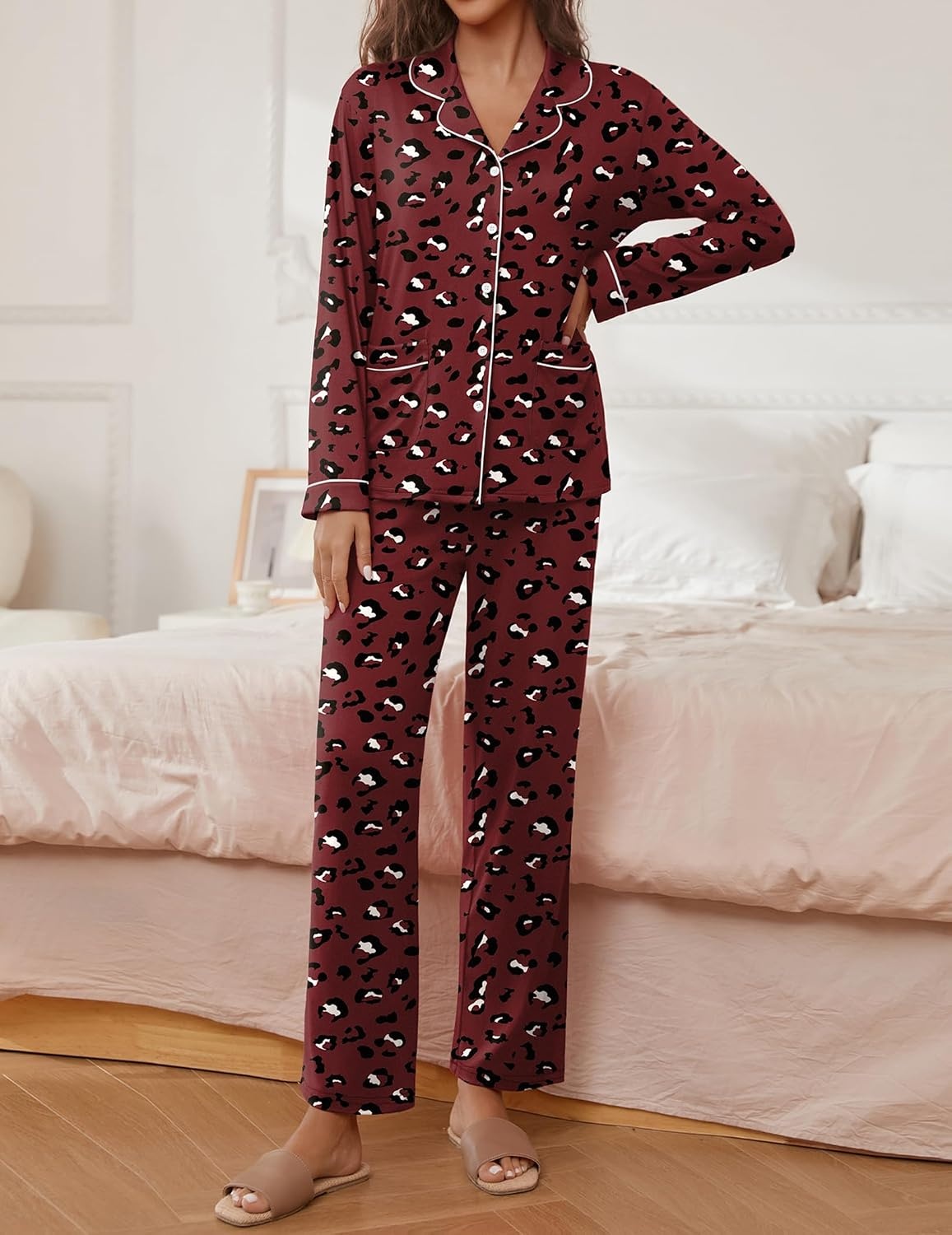 image:imageEkouaer Pajamas For Women Set Button Down Sleepwear Long Pj Pant Lounge Set 2 PiecesLong SleevePatch PocketElastic WaistbandSoftBreathableLightweightFall and WinterWine Red Cheetah