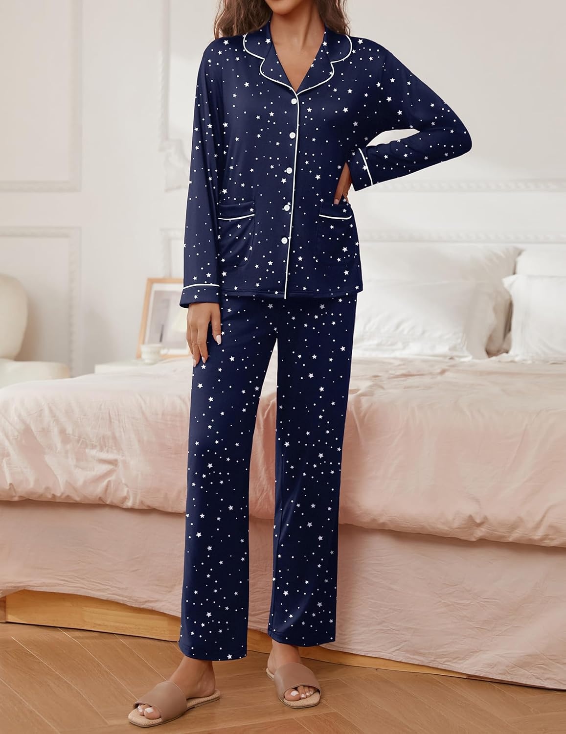 image:imageEkouaer Pajamas For Women Set Button Down Sleepwear Long Pj Pant Lounge Set 2 PiecesLong SleevePatch PocketElastic WaistbandSoftBreathableLightweightFall and WinterNavy Star