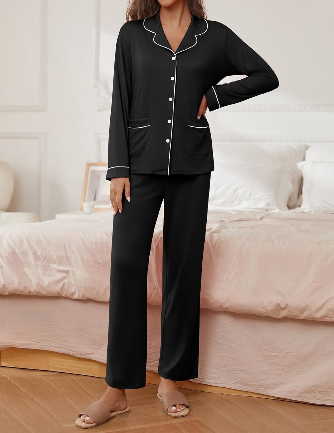 image:imageEkouaer Pajamas For Women Set Button Down Sleepwear Long Pj Pant Lounge Set 2 PiecesLong SleevePatch PocketElastic WaistbandSoftBreathableLightweightFall and WinterBlack