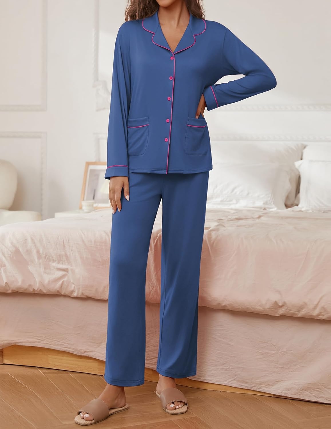 image:imageEkouaer Pajamas For Women Set Button Down Sleepwear Long Pj Pant Lounge Set 2 PiecesLong SleevePatch PocketElastic WaistbandSoftBreathableLightweightFall and WinterNavy