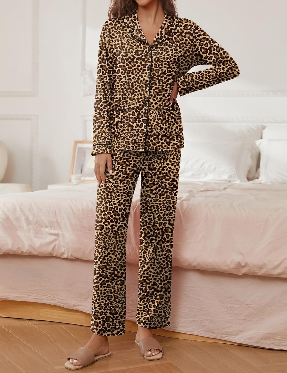 image:imageEkouaer Pajamas For Women Set Button Down Sleepwear Long Pj Pant Lounge Set 2 PiecesLong SleevePatch PocketElastic WaistbandSoftBreathableLightweightFall and Winter01 Tawny Cheetah