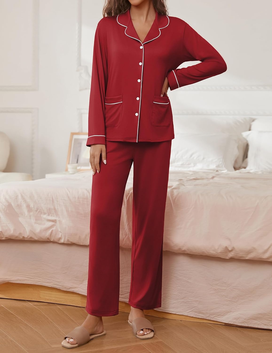 image:imageEkouaer Pajamas For Women Set Button Down Sleepwear Long Pj Pant Lounge Set 2 PiecesLong SleevePatch PocketElastic WaistbandSoftBreathableLightweightFall and WinterWine Red