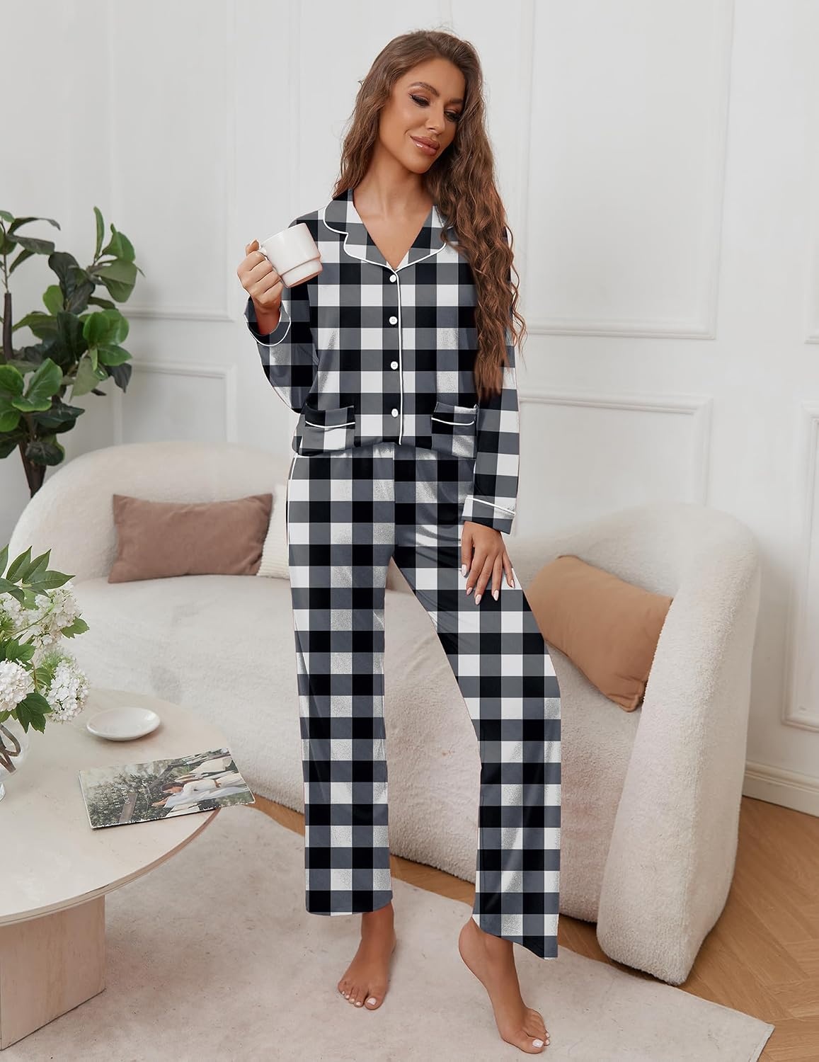 image:imageEkouaer Pajamas For Women Set Button Down Sleepwear Long Pj Pant Lounge Set 2 PiecesLong SleevePatch PocketElastic WaistbandSoftBreathableLightweightFall and WinterBlack Plaid