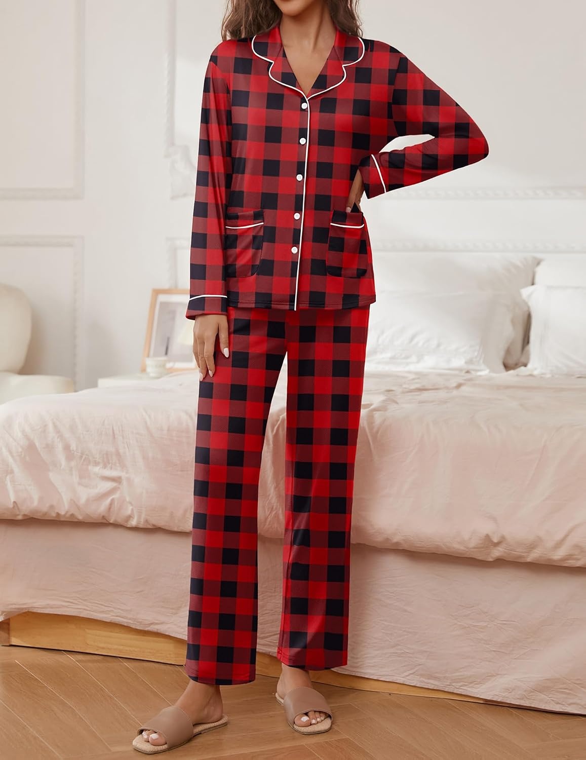 image:imageEkouaer Pajamas For Women Set Button Down Sleepwear Long Pj Pant Lounge Set 2 PiecesLong SleevePatch PocketElastic WaistbandSoftBreathableLightweightFall and WinterRed Plaid