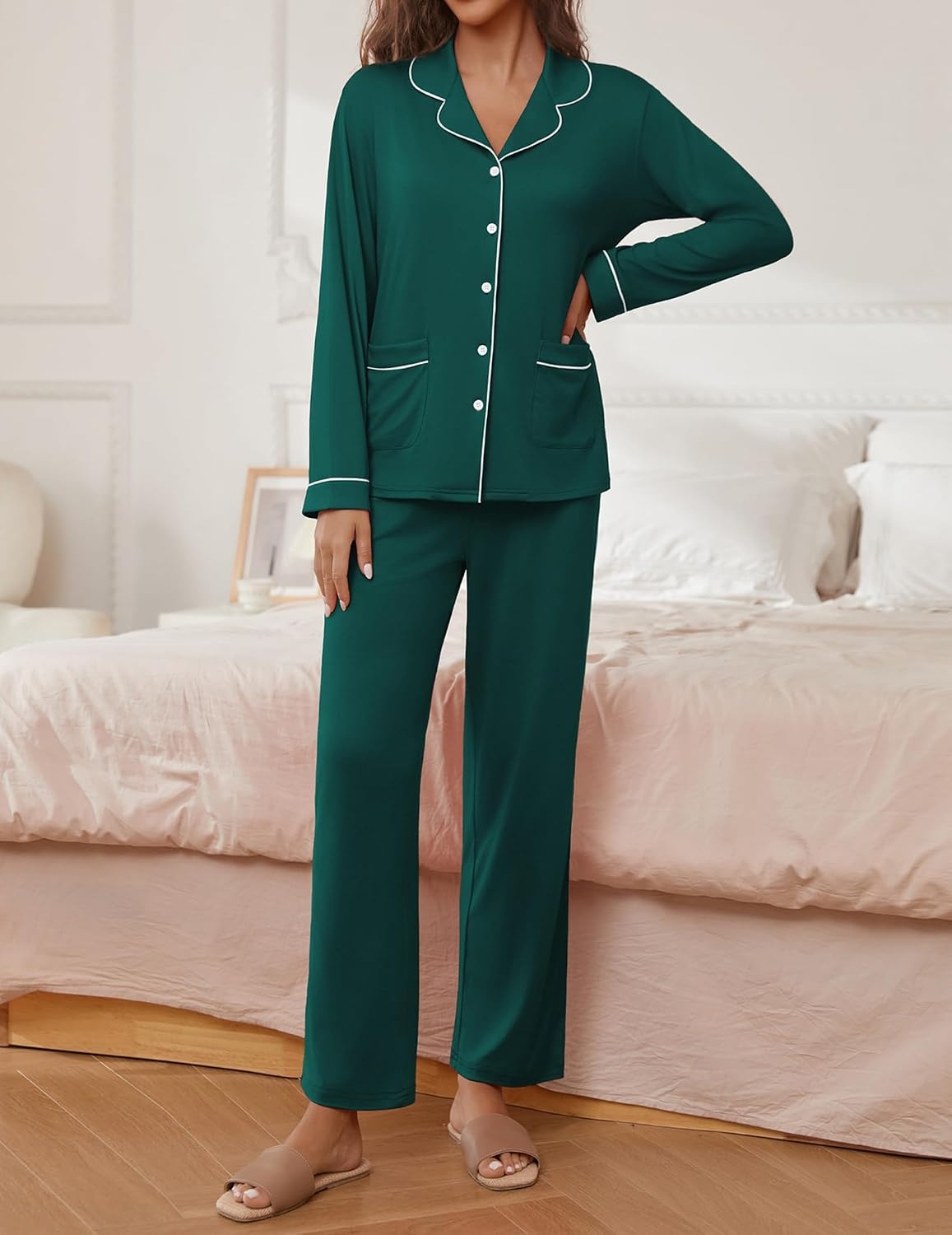 image:imageEkouaer Pajamas For Women Set Button Down Sleepwear Long Pj Pant Lounge Set 2 PiecesLong SleevePatch PocketElastic WaistbandSoftBreathableLightweightFall and WinterLake Green