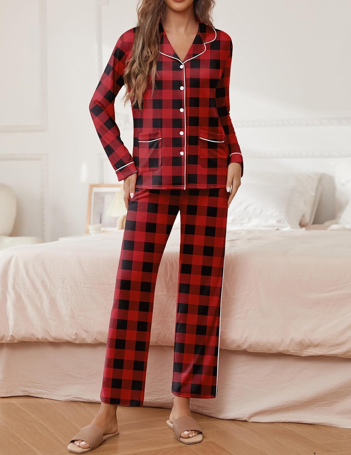 image:imageEkouaer Pajamas For Women Set Button Down Sleepwear Long Pj Pant Lounge Set 2 PiecesLong SleevePatch PocketElastic WaistbandSoftBreathableLightweightFall and WinterRed Plaid