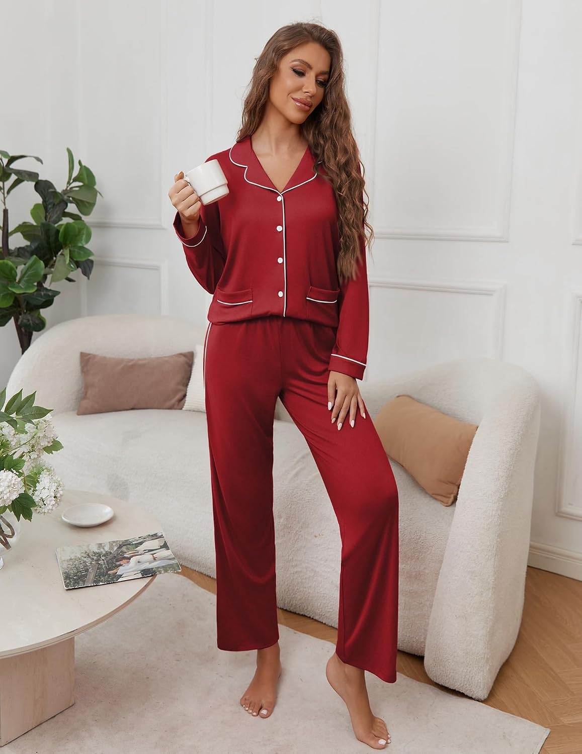 image:imageEkouaer Pajamas For Women Set Button Down Sleepwear Long Pj Pant Lounge Set 2 PiecesLong SleevePatch PocketElastic WaistbandSoftBreathableLightweightFall and WinterWine Red