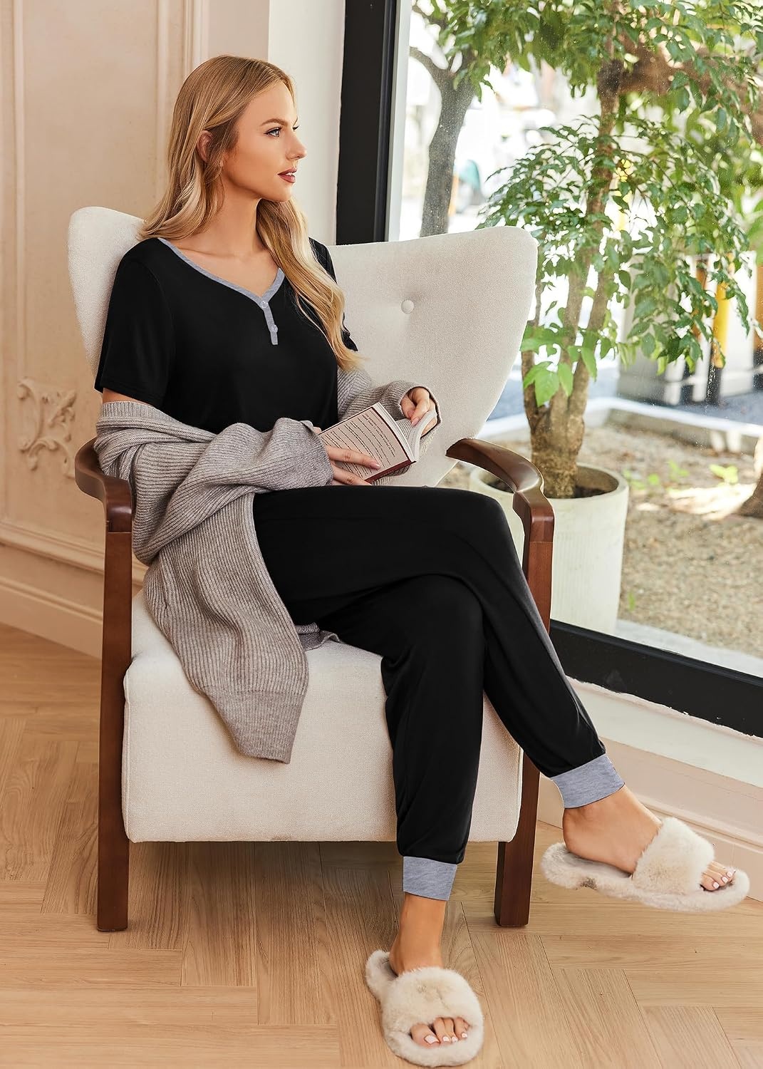 image:imageEkouaer Pajamas for Women Set 2 Piece Fall Sleepwear with Pockets Soft Ladies Pajama Sets Matching Pjs Short Sleeve Lounge Sets Joggers Long Pants Casual LoungewearBlack