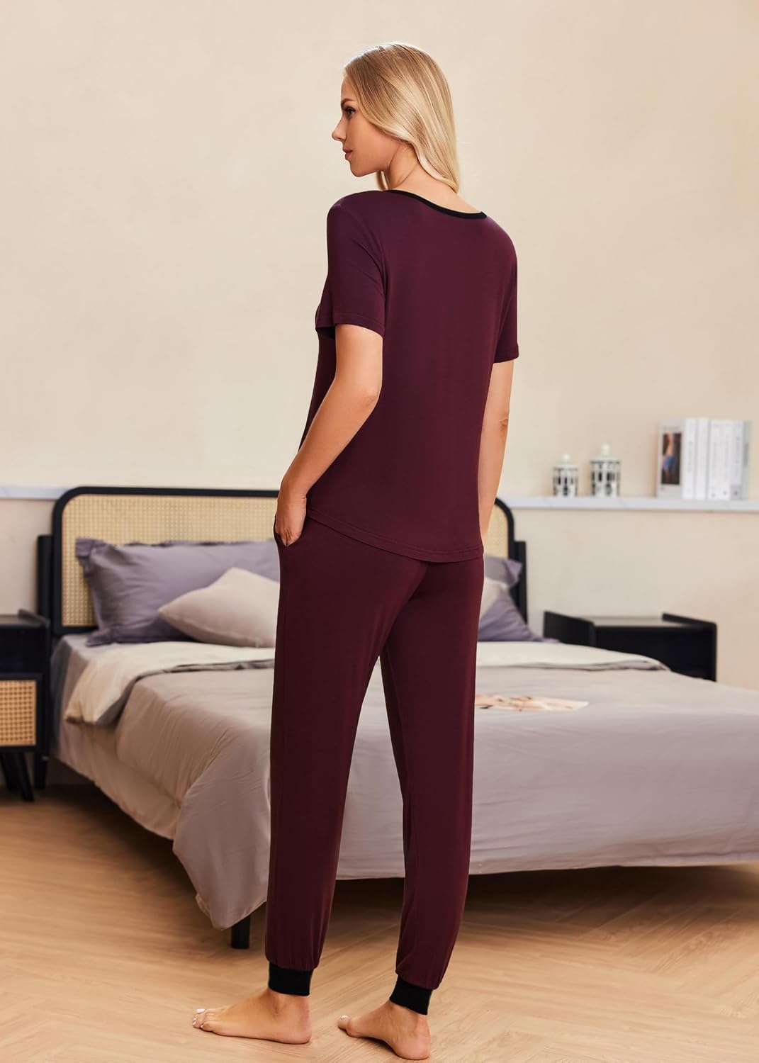 image:imageEkouaer Pajamas for Women Set 2 Piece Fall Sleepwear with Pockets Soft Ladies Pajama Sets Matching Pjs Short Sleeve Lounge Sets Joggers Long Pants Casual LoungewearDark Redblack