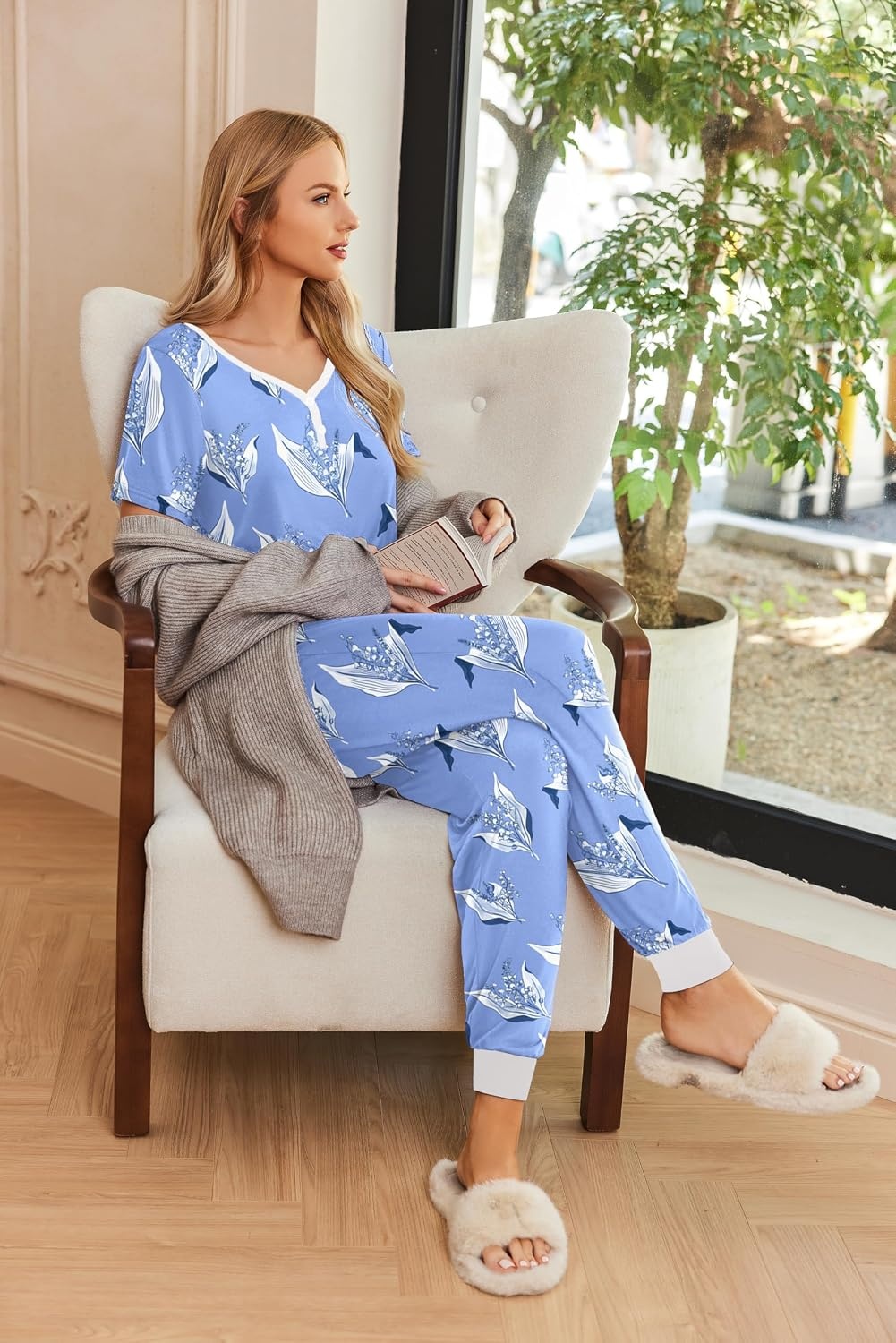 image:imageEkouaer Pajamas for Women Set 2 Piece Fall Sleepwear with Pockets Soft Ladies Pajama Sets Matching Pjs Short Sleeve Lounge Sets Joggers Long Pants Casual LoungewearBlue Flowers