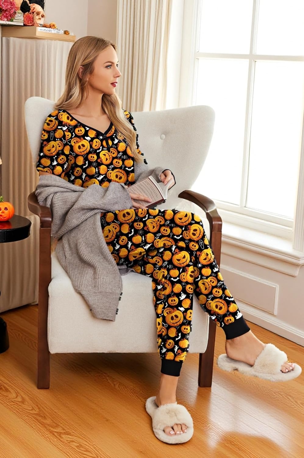 image:imageEkouaer Pajamas for Women Set 2 Piece Fall Sleepwear with Pockets Soft Ladies Pajama Sets Matching Pjs Short Sleeve Lounge Sets Joggers Long Pants Casual LoungewearBlack Halloween