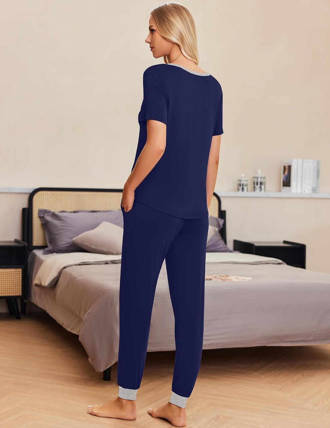 image:imageEkouaer Pajamas for Women Set 2 Piece Fall Sleepwear with Pockets Soft Ladies Pajama Sets Matching Pjs Short Sleeve Lounge Sets Joggers Long Pants Casual LoungewearNavy Blue