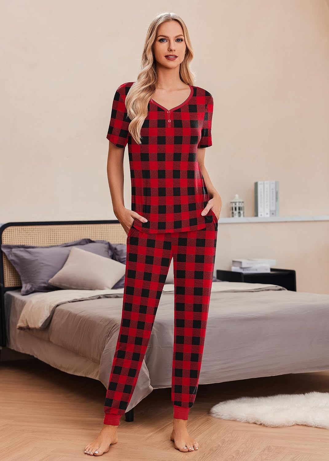 image:imageEkouaer Pajamas for Women Set 2 Piece Fall Sleepwear with Pockets Soft Ladies Pajama Sets Matching Pjs Short Sleeve Lounge Sets Joggers Long Pants Casual LoungewearRed Plaid