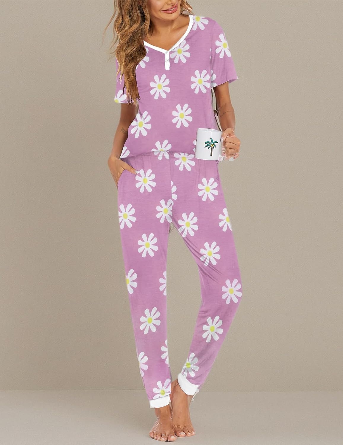 image:imageEkouaer Pajamas for Women Set 2 Piece Fall Sleepwear with Pockets Soft Ladies Pajama Sets Matching Pjs Short Sleeve Lounge Sets Joggers Long Pants Casual LoungewearPink Flower