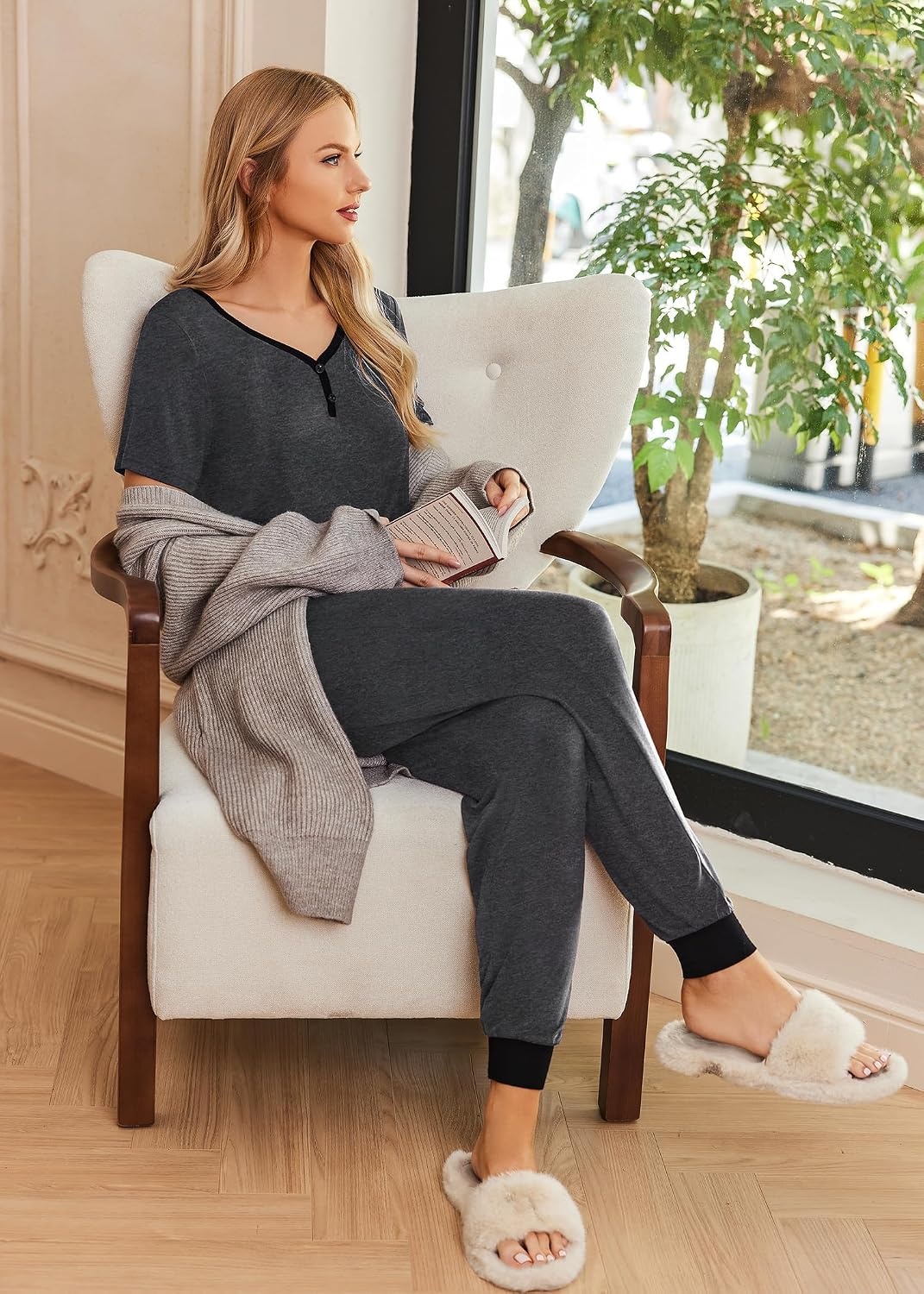 image:imageEkouaer Pajamas for Women Set 2 Piece Fall Sleepwear with Pockets Soft Ladies Pajama Sets Matching Pjs Short Sleeve Lounge Sets Joggers Long Pants Casual LoungewearDark Gray
