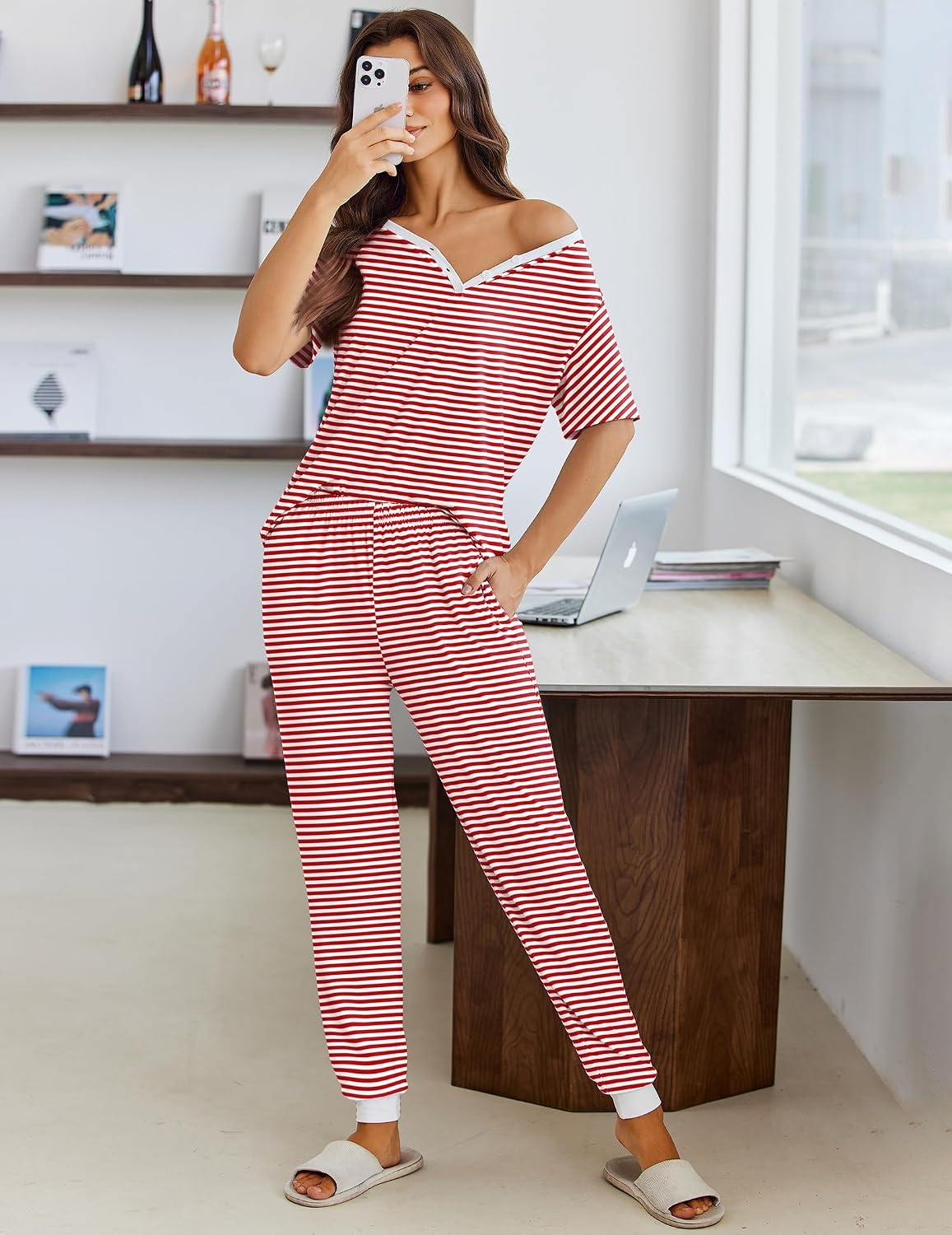 image:imageEkouaer Pajamas for Women Set 2 Piece Fall Sleepwear with Pockets Soft Ladies Pajama Sets Matching Pjs Short Sleeve Lounge Sets Joggers Long Pants Casual LoungewearRed Stripe