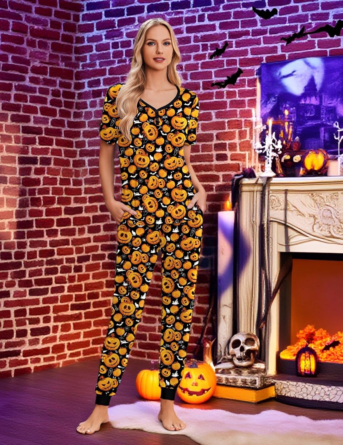 image:imageEkouaer Pajamas for Women Set 2 Piece Fall Sleepwear with Pockets Soft Ladies Pajama Sets Matching Pjs Short Sleeve Lounge Sets Joggers Long Pants Casual LoungewearBlack Halloween