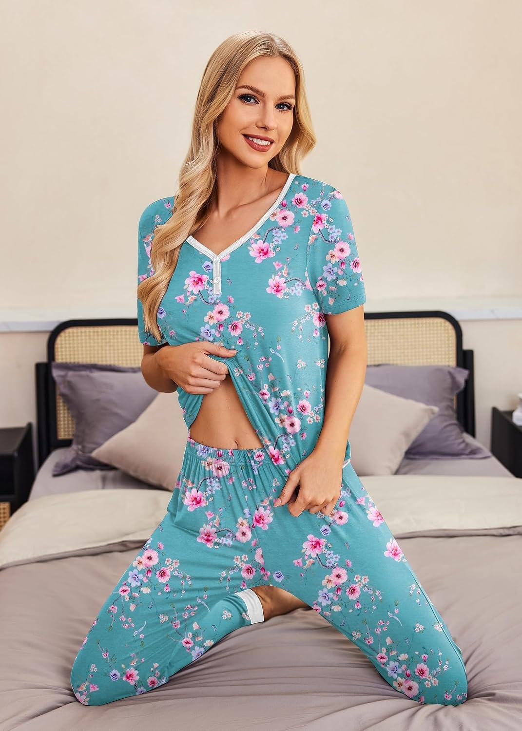 image:imageEkouaer Pajamas for Women Set 2 Piece Fall Sleepwear with Pockets Soft Ladies Pajama Sets Matching Pjs Short Sleeve Lounge Sets Joggers Long Pants Casual LoungewearLight Blue Flower