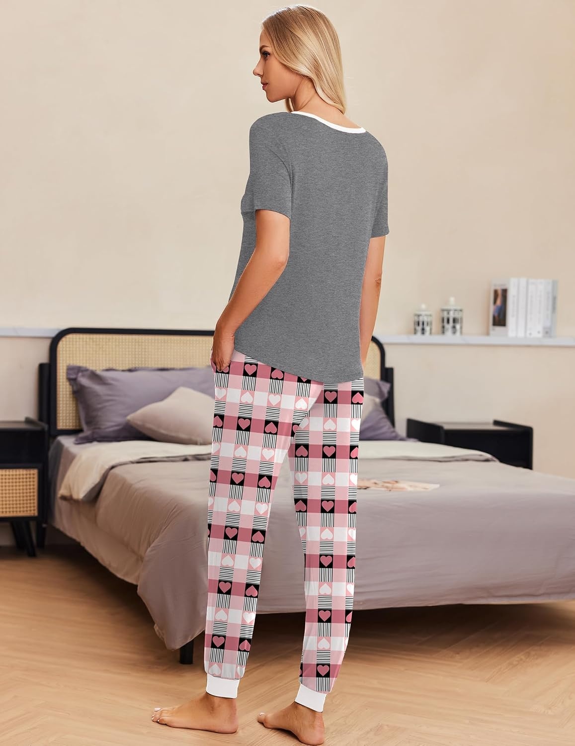 image:imageEkouaer Pajamas for Women Set 2 Piece Fall Sleepwear with Pockets Soft Ladies Pajama Sets Matching Pjs Short Sleeve Lounge Sets Joggers Long Pants Casual LoungewearGeryheart Plaid