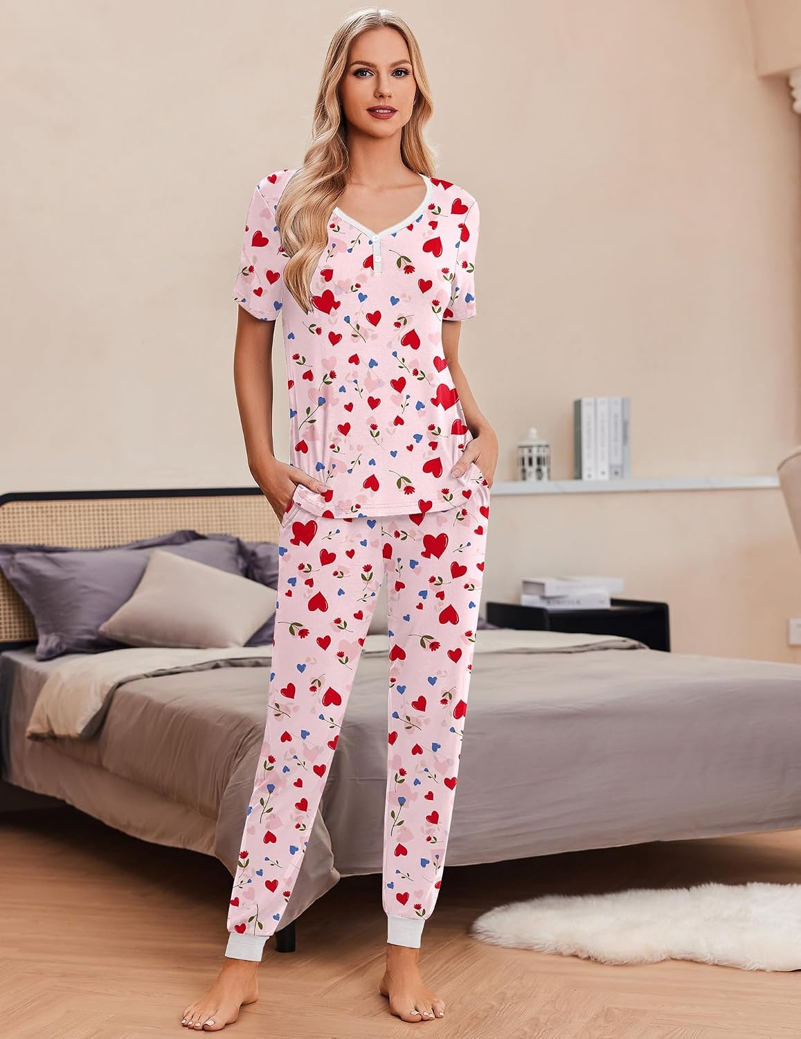 image:imageEkouaer Pajamas for Women Set 2 Piece Fall Sleepwear with Pockets Soft Ladies Pajama Sets Matching Pjs Short Sleeve Lounge Sets Joggers Long Pants Casual LoungewearPinklove