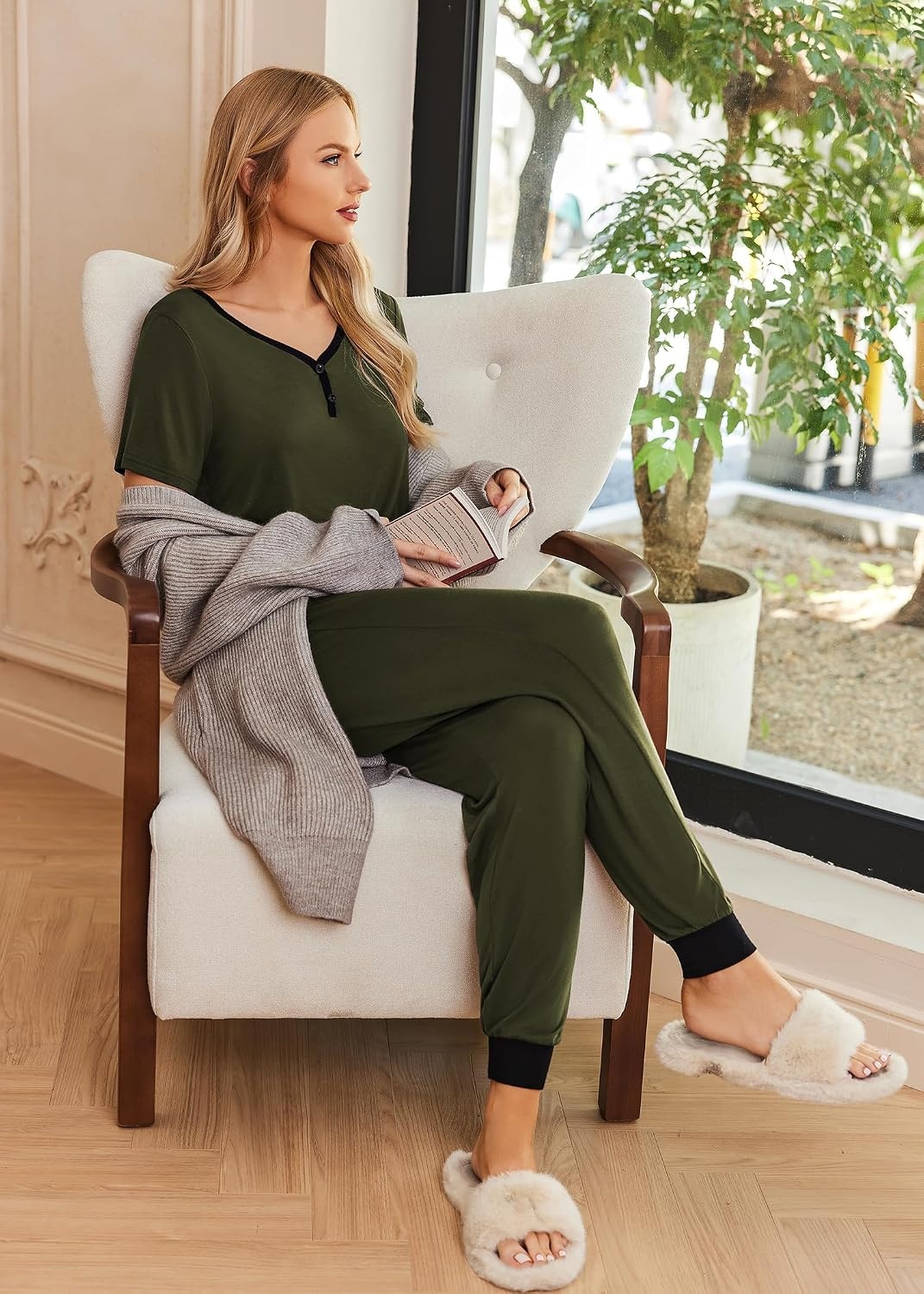 image:imageEkouaer Pajamas for Women Set 2 Piece Fall Sleepwear with Pockets Soft Ladies Pajama Sets Matching Pjs Short Sleeve Lounge Sets Joggers Long Pants Casual LoungewearDeep Army Green