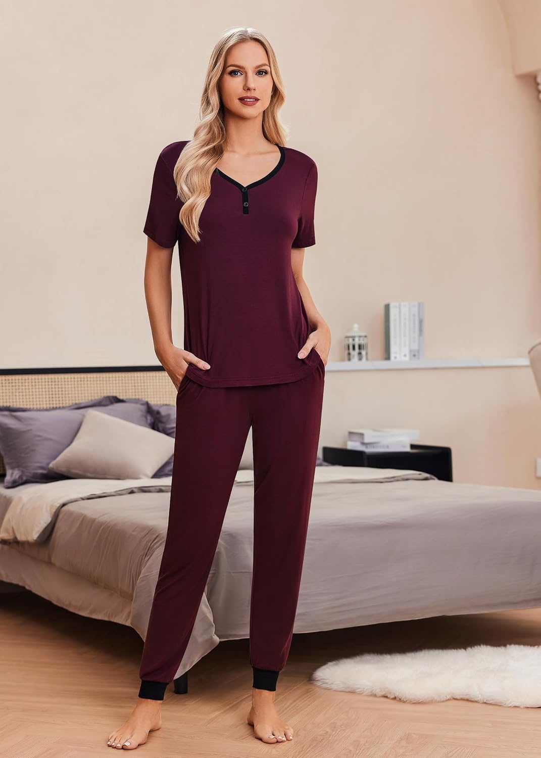 image:imageEkouaer Pajamas for Women Set 2 Piece Fall Sleepwear with Pockets Soft Ladies Pajama Sets Matching Pjs Short Sleeve Lounge Sets Joggers Long Pants Casual LoungewearDark Redblack
