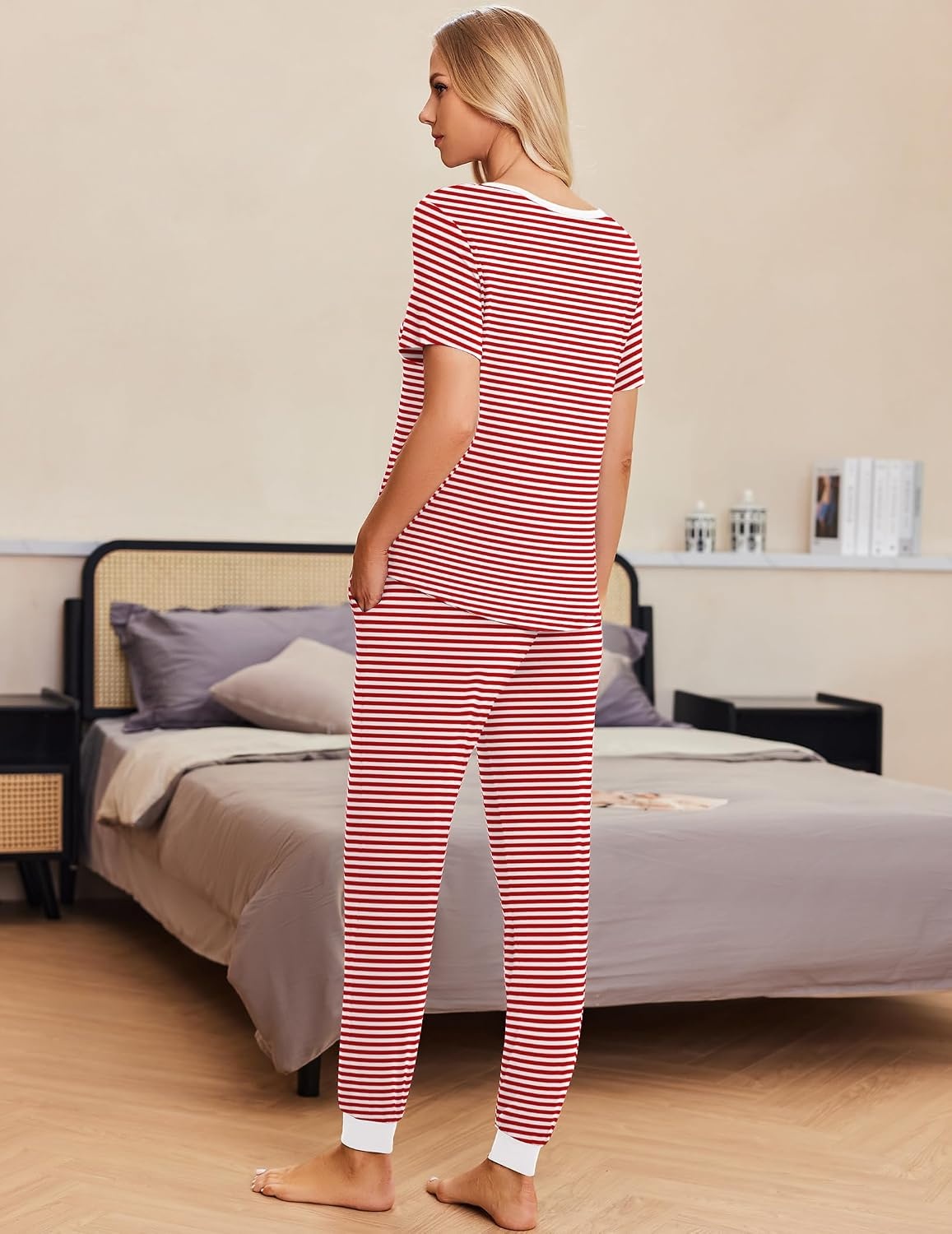 image:imageEkouaer Pajamas for Women Set 2 Piece Fall Sleepwear with Pockets Soft Ladies Pajama Sets Matching Pjs Short Sleeve Lounge Sets Joggers Long Pants Casual LoungewearRed Stripe