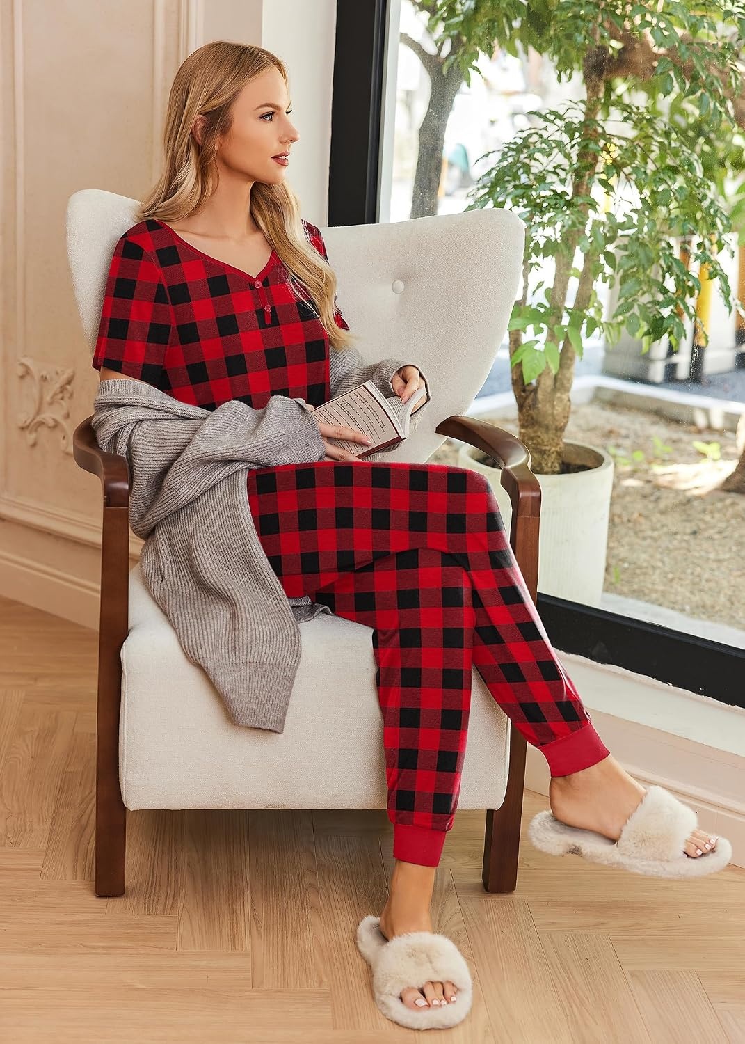 image:imageEkouaer Pajamas for Women Set 2 Piece Fall Sleepwear with Pockets Soft Ladies Pajama Sets Matching Pjs Short Sleeve Lounge Sets Joggers Long Pants Casual LoungewearRed Plaid