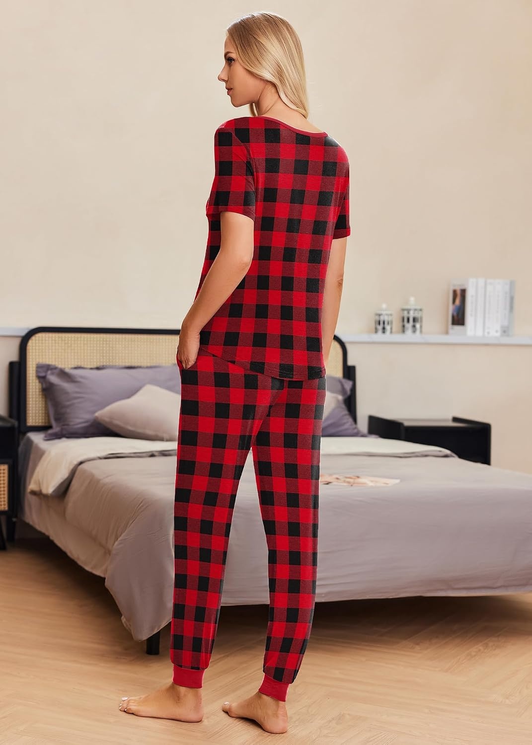 image:imageEkouaer Pajamas for Women Set 2 Piece Fall Sleepwear with Pockets Soft Ladies Pajama Sets Matching Pjs Short Sleeve Lounge Sets Joggers Long Pants Casual LoungewearRed Plaid