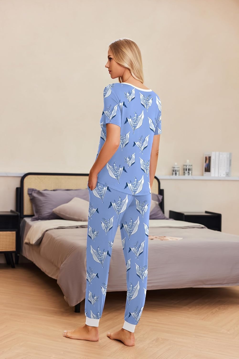image:imageEkouaer Pajamas for Women Set 2 Piece Fall Sleepwear with Pockets Soft Ladies Pajama Sets Matching Pjs Short Sleeve Lounge Sets Joggers Long Pants Casual LoungewearBlue Flowers