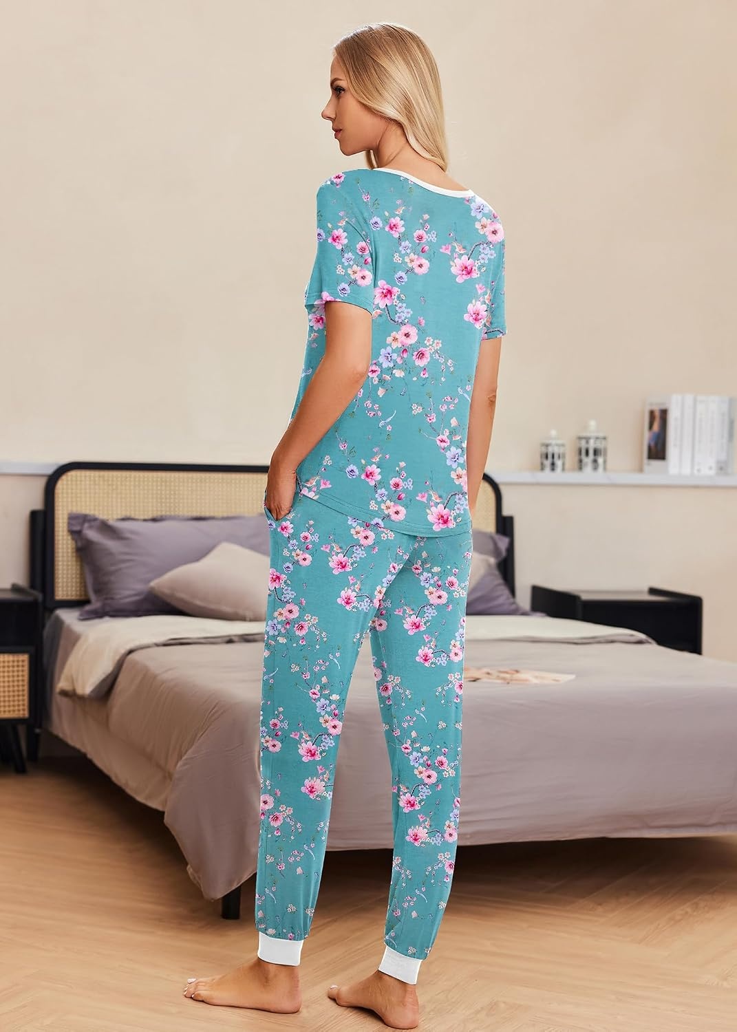 image:imageEkouaer Pajamas for Women Set 2 Piece Fall Sleepwear with Pockets Soft Ladies Pajama Sets Matching Pjs Short Sleeve Lounge Sets Joggers Long Pants Casual LoungewearLight Blue Flower