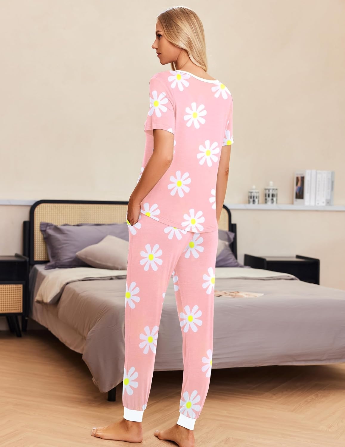 image:imageEkouaer Pajamas for Women Set 2 Piece Fall Sleepwear with Pockets Soft Ladies Pajama Sets Matching Pjs Short Sleeve Lounge Sets Joggers Long Pants Casual LoungewearPink Flower