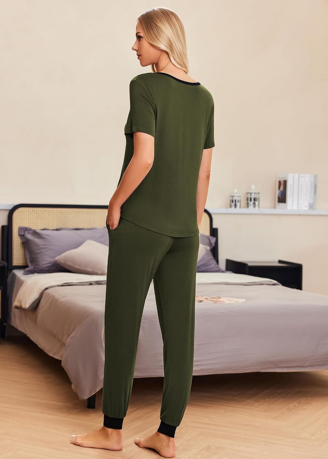 image:imageEkouaer Pajamas for Women Set 2 Piece Fall Sleepwear with Pockets Soft Ladies Pajama Sets Matching Pjs Short Sleeve Lounge Sets Joggers Long Pants Casual LoungewearDeep Army Green