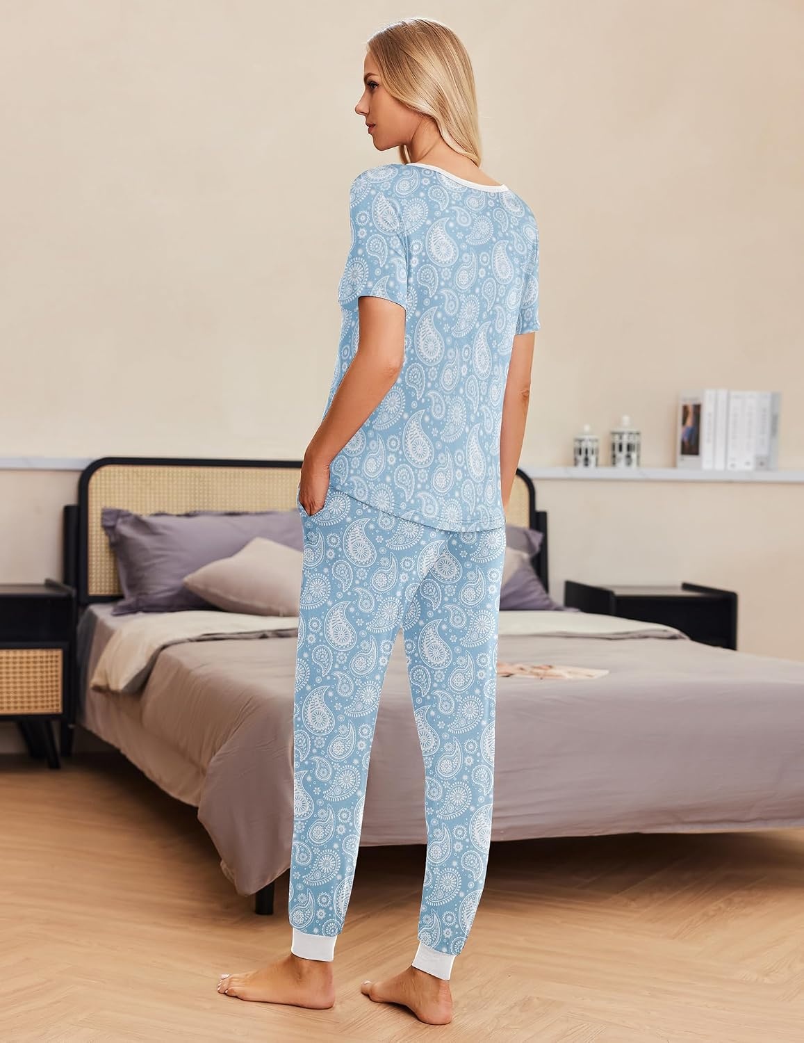 image:imageEkouaer Pajamas for Women Set 2 Piece Fall Sleepwear with Pockets Soft Ladies Pajama Sets Matching Pjs Short Sleeve Lounge Sets Joggers Long Pants Casual LoungewearBlue Cashew