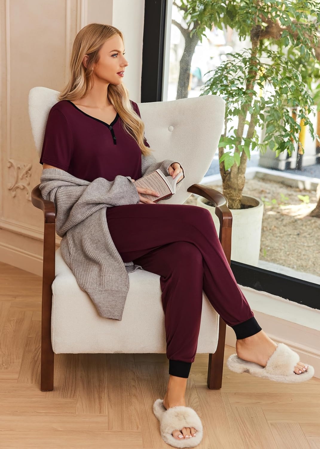 image:imageEkouaer Pajamas for Women Set 2 Piece Fall Sleepwear with Pockets Soft Ladies Pajama Sets Matching Pjs Short Sleeve Lounge Sets Joggers Long Pants Casual LoungewearDark Redblack