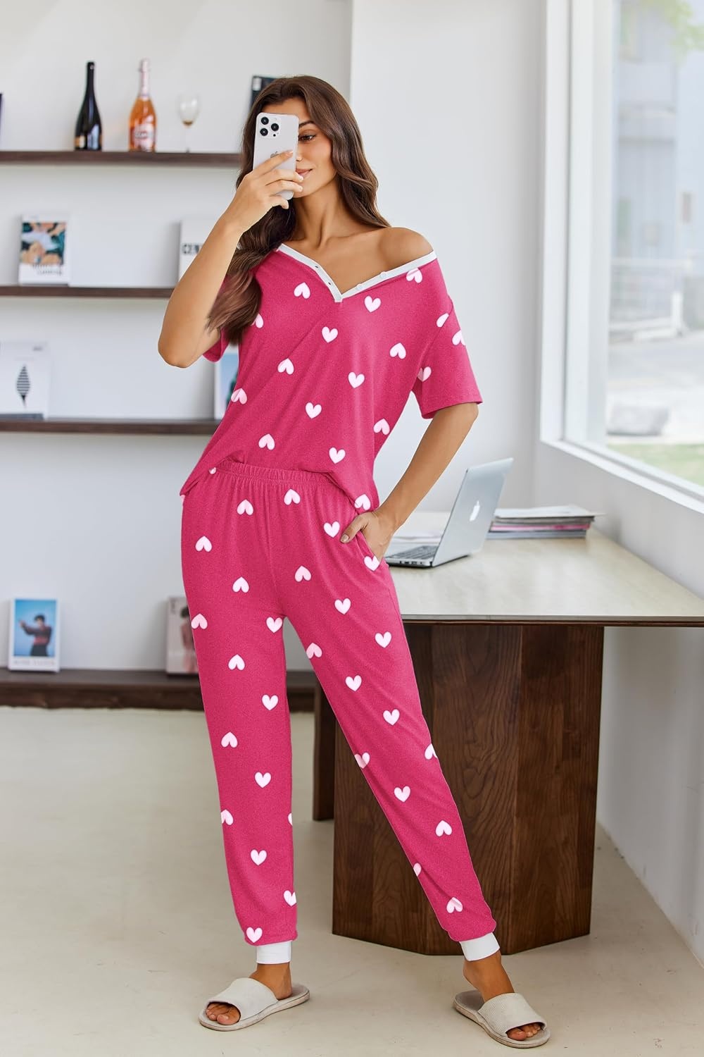 image:imageEkouaer Pajamas for Women Set 2 Piece Fall Sleepwear with Pockets Soft Ladies Pajama Sets Matching Pjs Short Sleeve Lounge Sets Joggers Long Pants Casual LoungewearPink Heart