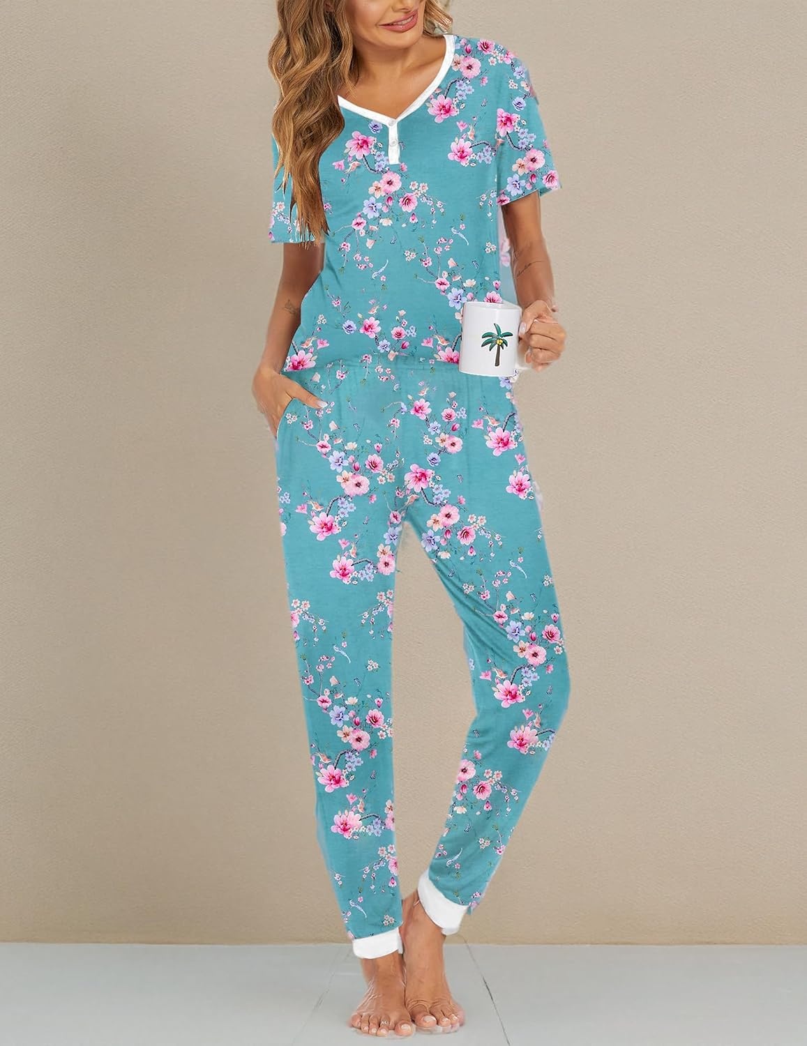image:imageEkouaer Pajamas for Women Set 2 Piece Fall Sleepwear with Pockets Soft Ladies Pajama Sets Matching Pjs Short Sleeve Lounge Sets Joggers Long Pants Casual LoungewearLight Blue Flower