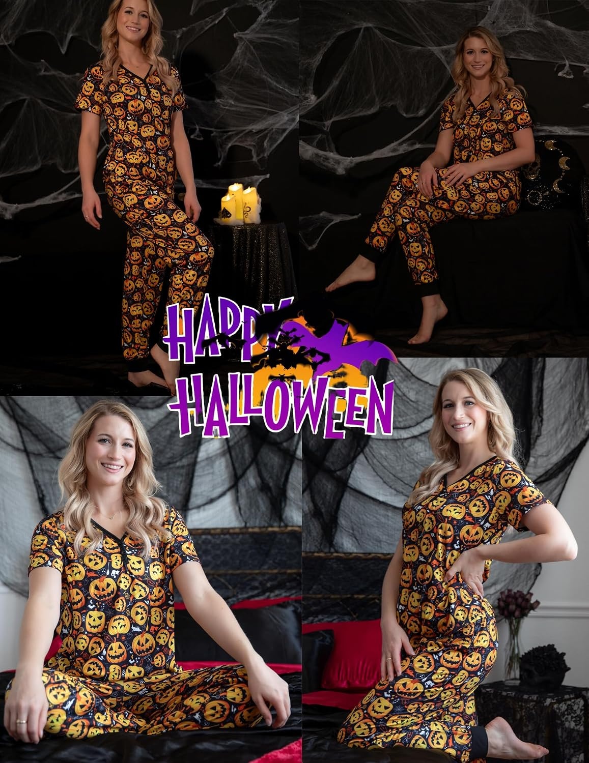 image:imageEkouaer Pajamas for Women Set 2 Piece Fall Sleepwear with Pockets Soft Ladies Pajama Sets Matching Pjs Short Sleeve Lounge Sets Joggers Long Pants Casual LoungewearBlack Halloween