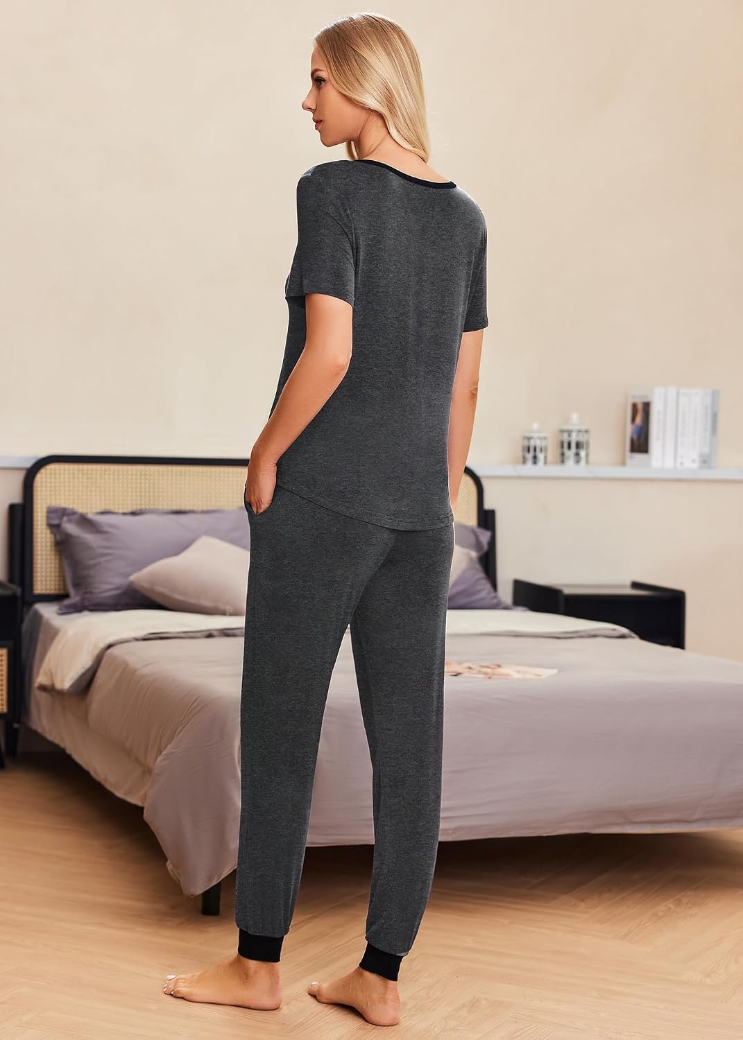 image:imageEkouaer Pajamas for Women Set 2 Piece Fall Sleepwear with Pockets Soft Ladies Pajama Sets Matching Pjs Short Sleeve Lounge Sets Joggers Long Pants Casual LoungewearDark Gray