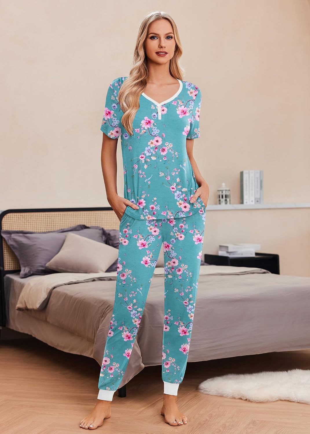 image:imageEkouaer Pajamas for Women Set 2 Piece Fall Sleepwear with Pockets Soft Ladies Pajama Sets Matching Pjs Short Sleeve Lounge Sets Joggers Long Pants Casual LoungewearLight Blue Flower