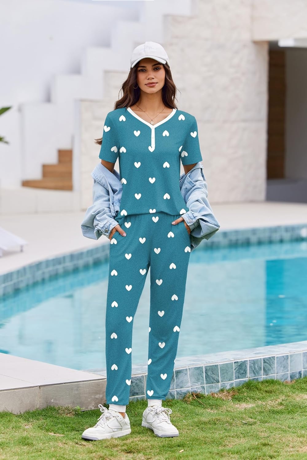 image:imageEkouaer Pajamas for Women Set 2 Piece Fall Sleepwear with Pockets Soft Ladies Pajama Sets Matching Pjs Short Sleeve Lounge Sets Joggers Long Pants Casual LoungewearGreen Heart
