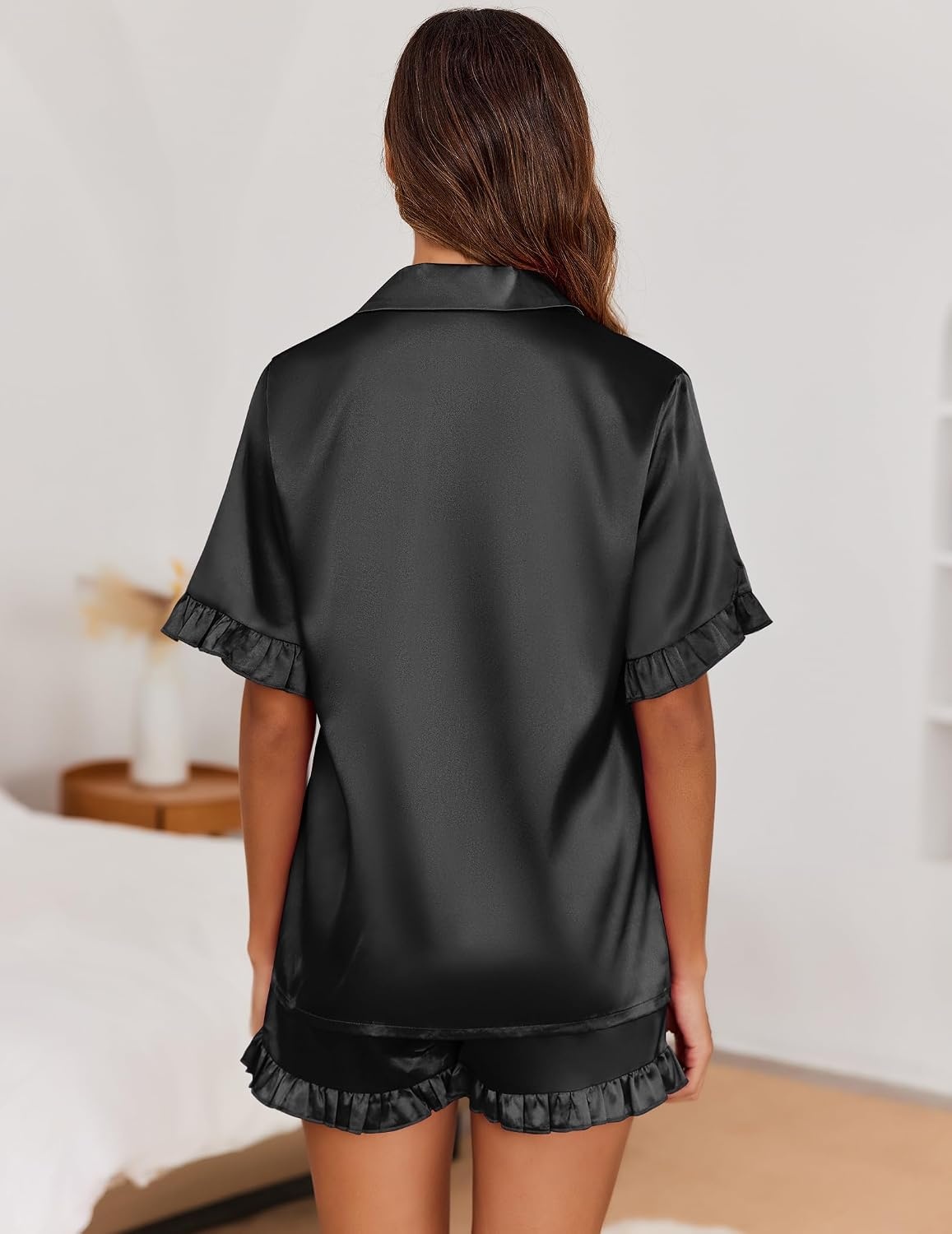 image:imageEkouaer Satin Pajama Set for Women 2 Piece Pj Sets Short Sleeve Sleepwear Super Soft Silky Summer Loungewear Set with Ruffle Short Sleeve Top and Pocket Shorts Casual Travel Daily GiftBlack