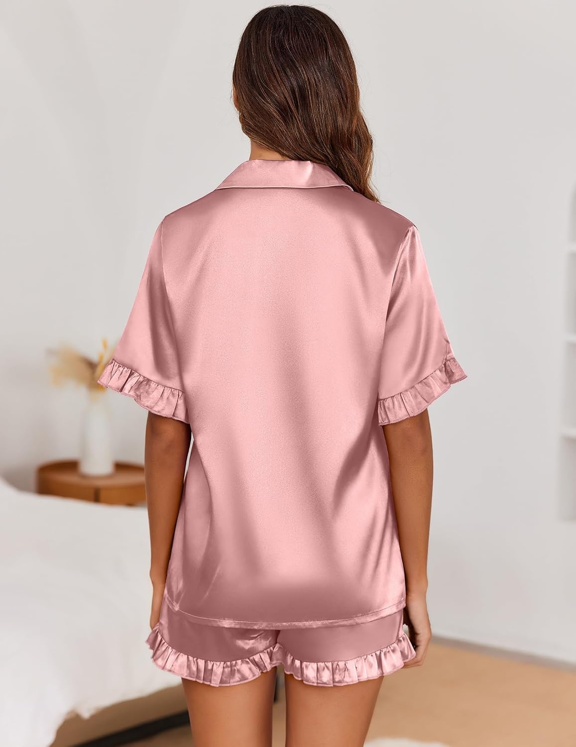 image:imageEkouaer Satin Pajama Set for Women 2 Piece Pj Sets Short Sleeve Sleepwear Super Soft Silky Summer Loungewear Set with Ruffle Short Sleeve Top and Pocket Shorts Casual Travel Daily GiftFuchsia