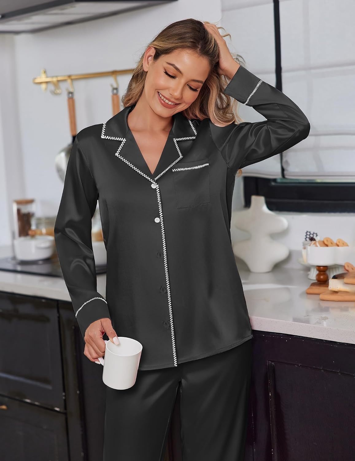 image:imageEkouaer Satin Pajama Set for Women Silk Sleepwear Long Sleeve Top and Pants Button Down Pjs Lounge SetBlack