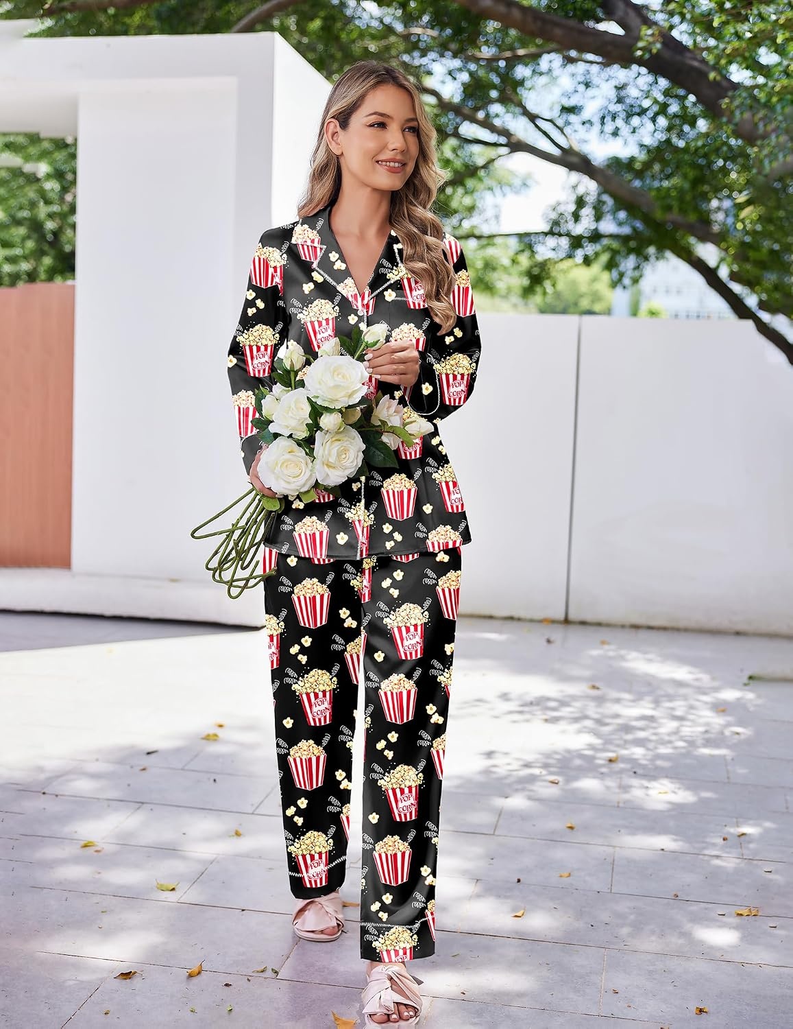 image:imageEkouaer Satin Pajama Set for Women Silk Sleepwear Long Sleeve Top and Pants Button Down Pjs Lounge SetBlack Popcorn