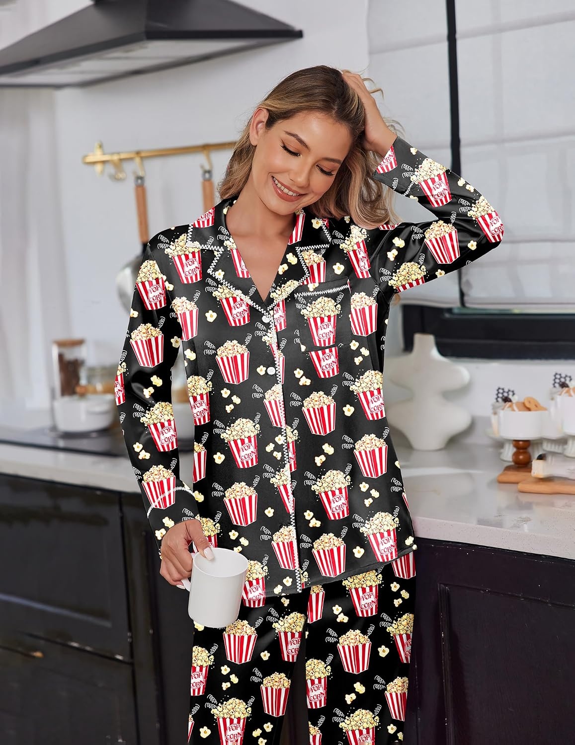 image:imageEkouaer Satin Pajama Set for Women Silk Sleepwear Long Sleeve Top and Pants Button Down Pjs Lounge SetBlack Popcorn