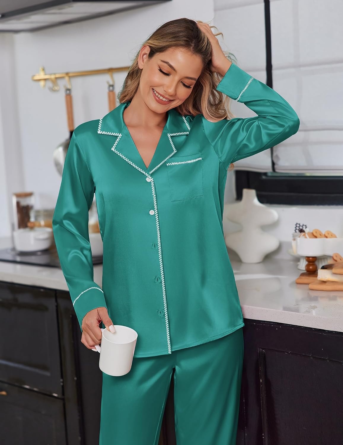 image:imageEkouaer Satin Pajama Set for Women Silk Sleepwear Long Sleeve Top and Pants Button Down Pjs Lounge SetBlue Green