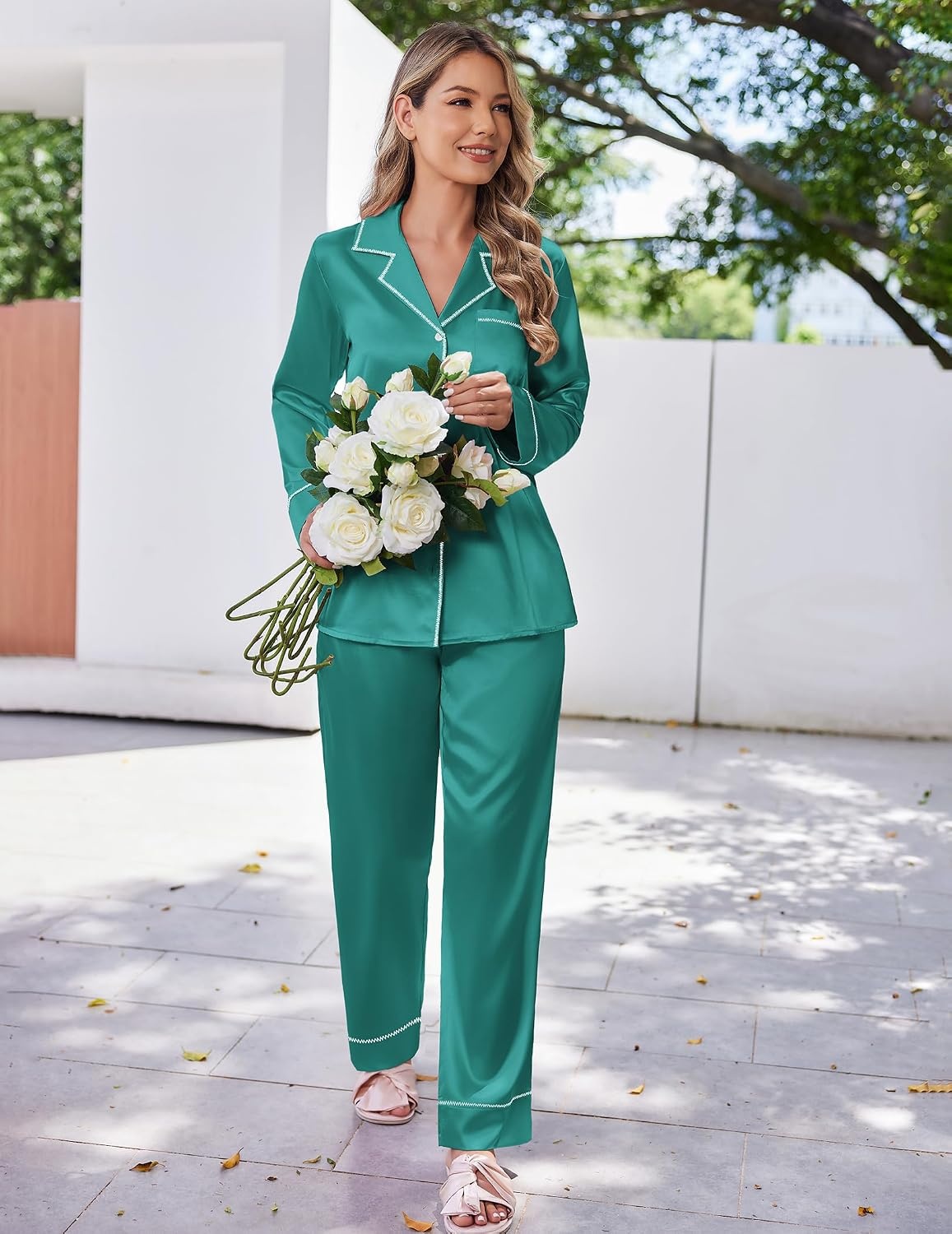 image:imageEkouaer Satin Pajama Set for Women Silk Sleepwear Long Sleeve Top and Pants Button Down Pjs Lounge SetBlue Green