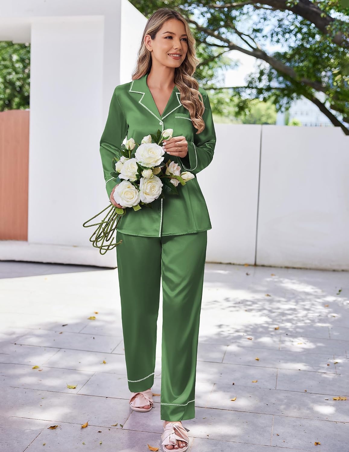 image:imageEkouaer Satin Pajama Set for Women Silk Sleepwear Long Sleeve Top and Pants Button Down Pjs Lounge SetBright Green