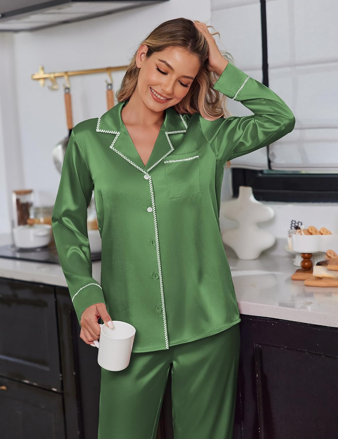 image:imageEkouaer Satin Pajama Set for Women Silk Sleepwear Long Sleeve Top and Pants Button Down Pjs Lounge SetBright Green